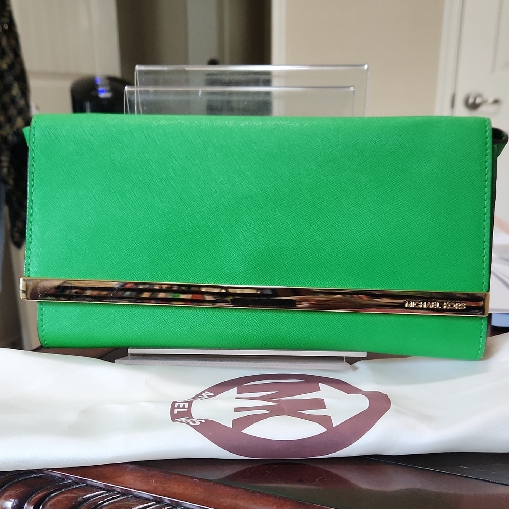 Michael Kors Vibrant Green Clutch with Gold Accent